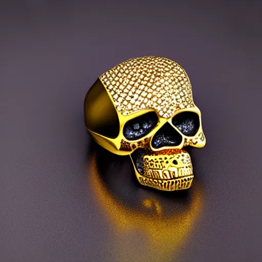 Image similar to a golden skull ring with diamonds around it, national treasure, made in 6 0 0 bc, old, photorealistic, white background, museum collection, 8 5 mm, kodak gold, protected, clean image, hd, uhd, 8 k, highly rendered