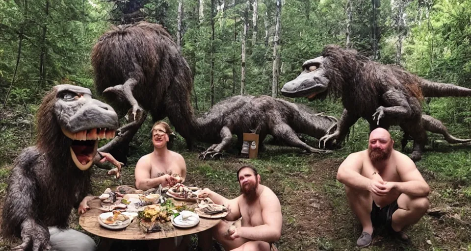 Image similar to photo, three hairy fat neanderthal people, emma!! watson!!, eating outside, surrounded by dinosaurs!, gigantic forest trees, sitting on rocks, bright moon, birthday cake on the ground, front view