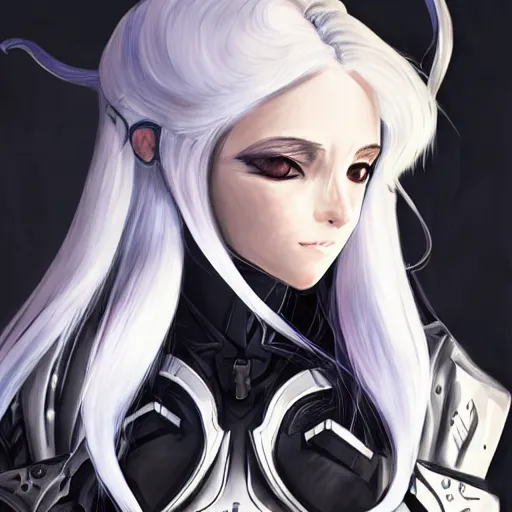 Image similar to Renaissance oil portrait of an anime girl with white hair wearing Elden Ring armour in the style of Yoji Shinkawa, weird camera angle, noisy film grain effect