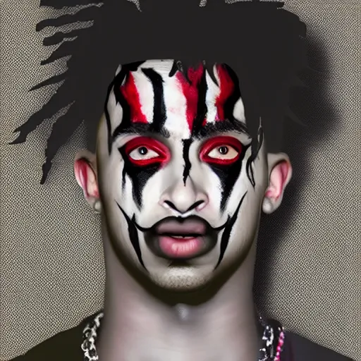 Prompt: playboi carti with scary face paint 4 k detailed super realistic