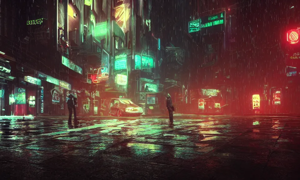 a dark cyberpunk street scene with neon lights, | Stable Diffusion