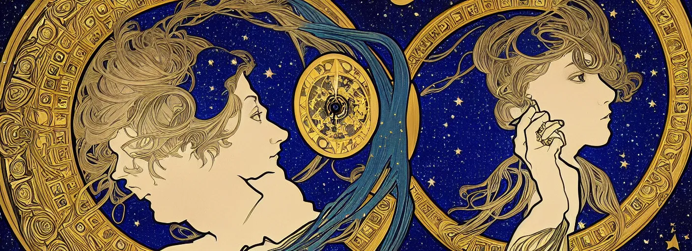 Prompt: night, awardwinning portrait photography, inspired by alphonse mucha, symmetrical cloaked figure face, background with ultramarine blue and gold astronomical star constellations and watch gears, moon and candle