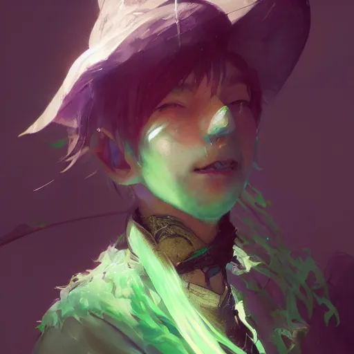 Image similar to a beautiful fullbody portrait of an anime boy with long straight green hair in a western fantasy bard style. character design by cory loftis, fenghua zhong, ryohei hase, ismail inceoglu and ruan jia. artstation, volumetric light, detailed, photorealistic, fantasy, rendered in octane