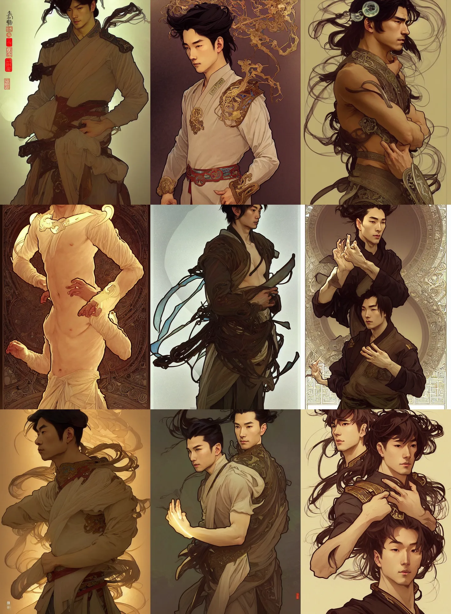 Image similar to a digital concept ar by artgerm and greg rutkowski and alphonse mucha. clear portrait of a lonely attractive men in uniform of tang dynasty!! tang dynasty book, light effect. hyper detailed, character concept, full body!! dynamic pose, glowing lights!! intricate, elegant, highly detailed, digital painting, artstation, concept art, smooth, sharp focus, illustration