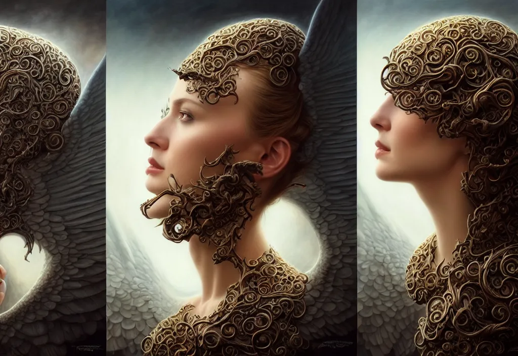 Image similar to picture split from the middle with an border, evil angels with different backrounds, intricate, elegant, highly detailed, realistic hair, centered, digital painting, art station, conceptual art, soft, sharp focus, illustration, artwork, artgerm, tomasz alen kopera, donato giancola, wlop, boris vallejo