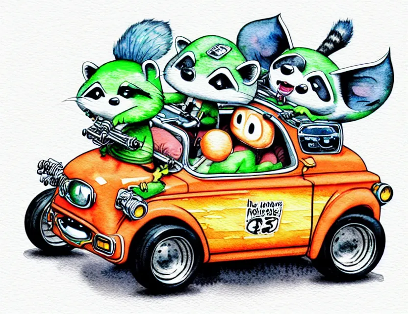 Image similar to cute and funny, racoon riding in a tiny hot rod with oversized engine, stickshift, ratfink style by ed roth, centered award winning watercolor pen illustration, isometric illustration by chihiro iwasaki, edited by range murata, tiny details by artgerm and watercolor girl, symmetrically isometrically centered