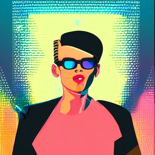 Prompt: a portrait of a handsome butch woman, in retro colors, synthwave style, 2 d digital vector art