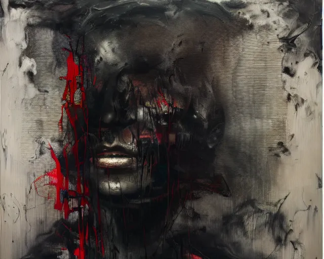 Image similar to dark smoky figure standing in gallery of art, a brutalist designed, rich deep vivid colours, broad brush strokes!, painted by francis bacon, michal mraz, adrian ghenie, nicola samori, james jean!!! and petra cortright, part by gerhard richter, part by takato yamamoto. 8 k masterpiece.