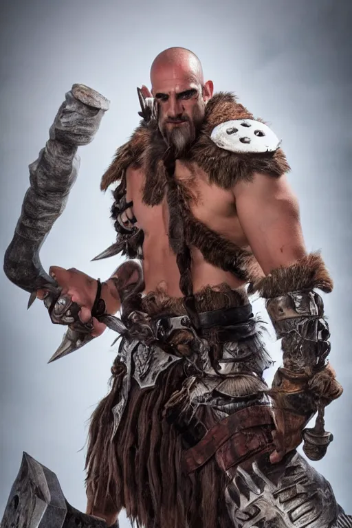 Prompt: Travis Willingham as Grog Strongjaw from Vox Machina, Dungeons and Dragons Goliath Barbarian, realistic cinematic shot, subtle fog and mood lighting