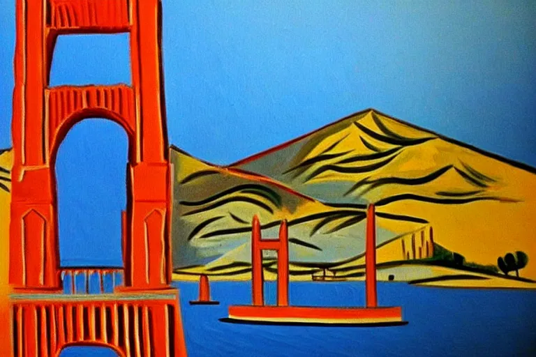 Prompt: picasso painting of the golden gate bridge