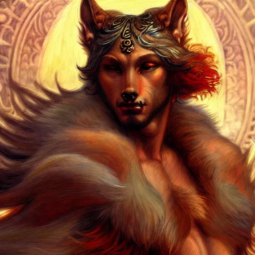 Prompt: artstation, intricate details, hyper details, by gaston bussiere and sandro botticelli, werewolf boyfriend, furry,