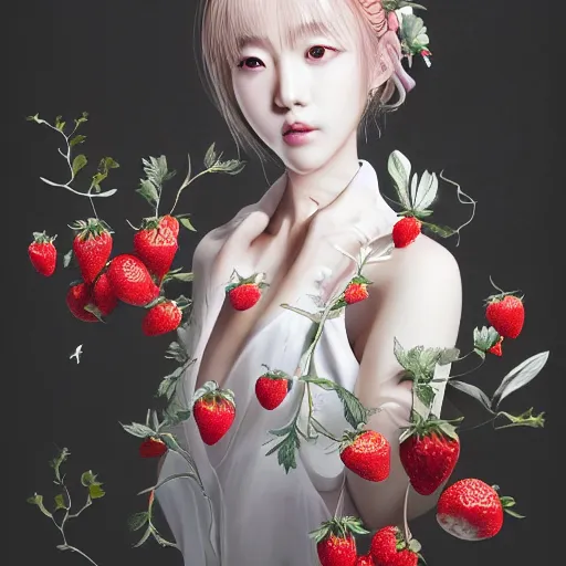 Image similar to the portrait of an absurdly beautiful, graceful, elegant, sophisticated, fashionable young kpop idol made of strawberries and white petals, an ultrafine hyperdetailed illustration by kim jung gi, irakli nadar, intricate linework, bright colors, octopath traveler, final fantasy, unreal engine 5 highly rendered, global illumination, radiant light, detailed and intricate environment