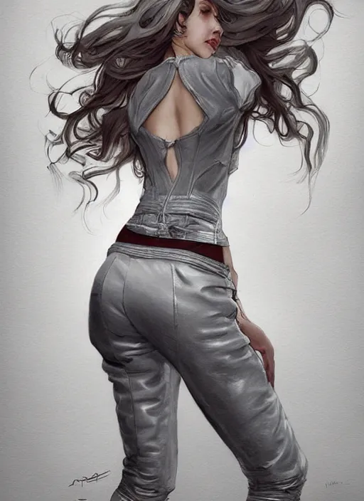 Image similar to girl in very short white! top and very short gray! leather jacket, open belly, long dark curly hair, high waist sweatpants, intricate, elegant, highly detailed, digital painting, artstation, concept art, smooth, illustration, art by artgerm and greg rutkowski and alphonse mucha