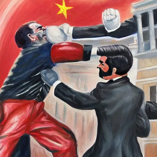 Prompt: Painting of George H.W. Bush punching Saddam Hussein in the stomach