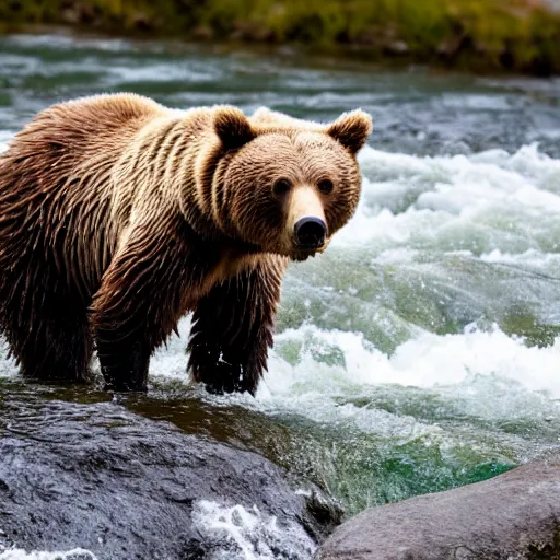 Image similar to a high quality photo closeup of a grizzly bear standing in a river. There is a salmon leaping in the air. the grizzly bear has its jaws open wide, trying to bite down and catch the salmon. Shallow depth of field.