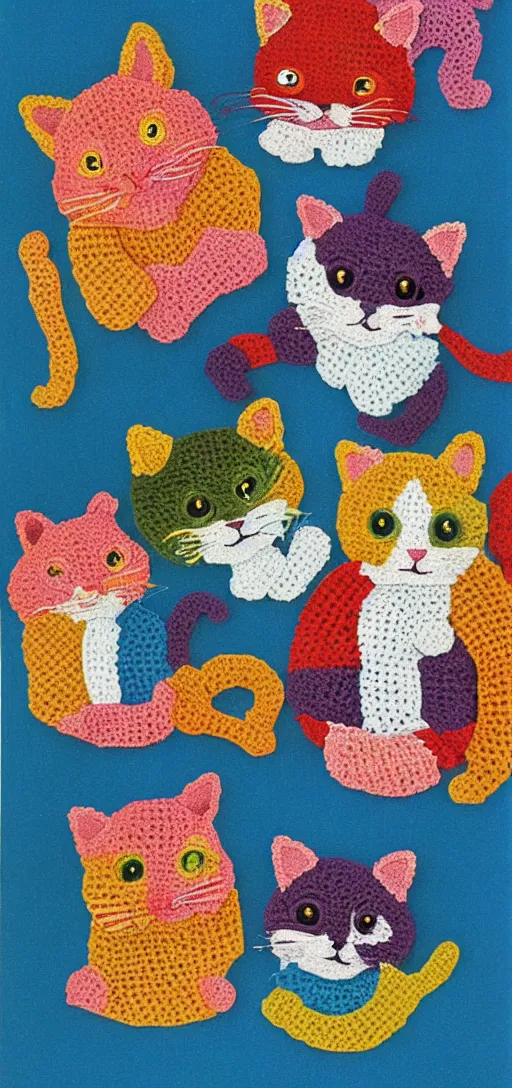 Prompt: cut and paste collage, multicolored crocheted cats, 1 9 9 0 s catalogue photo,