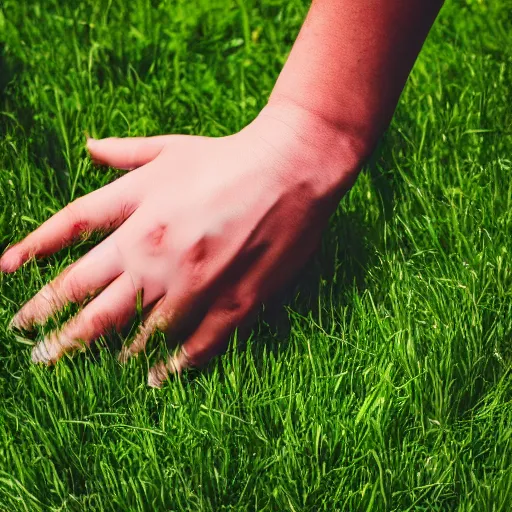 Prompt: photo of a person reaching over and touching grass with their hands, 4 k, ultra hd, realistic, professional
