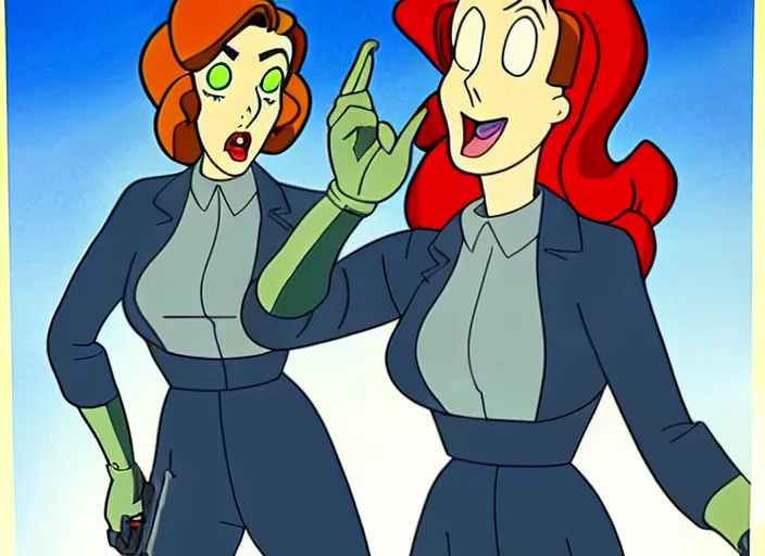 Image similar to dana scully on the real ghostbusters, animation cel, anime, sharp detail, animation cel, thin linework, in the style of don bluth, bruce timm, stephen silver, studio trigger