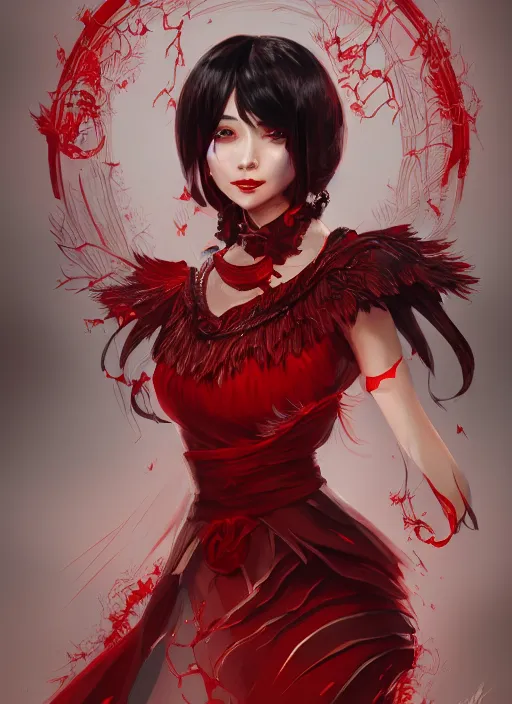 Prompt: a highly detailed illustration of hime cut black haired woman wearing red dress, dramatic smiling pose, intricate, elegant, highly detailed, centered, digital painting, artstation, concept art, smooth, sharp focus, league of legends concept art, wlop