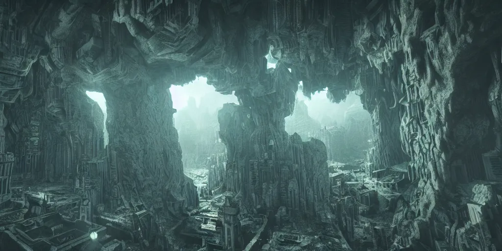 Image similar to inception lovecraft city carved from rock underground another inverted upside down above, artstation, cinematic warm volumetric lighting