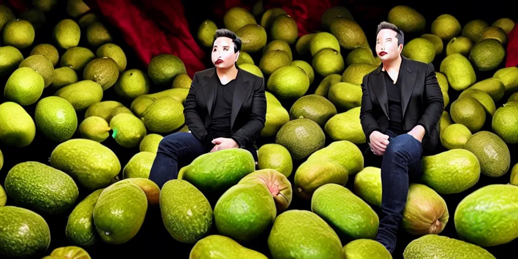 Image similar to elon musk inside of a giant avacado, realistic, cinematic photogtaphy, fruit celebrity, avacado dream, elon musk dresms of sitting inside of avacados, avacado chairs, avacado halloween costumes, in a boxing ring, photography, cinematic lighting, dramatic feeling