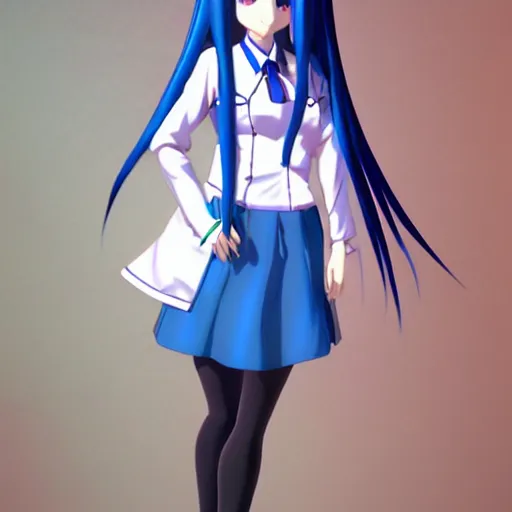 Image similar to a girl with long blue hair wearing a school uniform, computer graphics by Miyazaki, featured on pixiv, holography, official art, full body, 3d