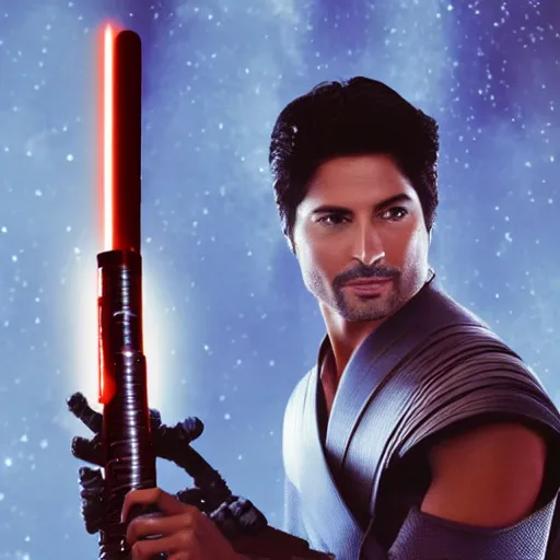 Image similar to Chayanne the singer as a jedi in star wars, holding a lightsabre. splash art, cinematic lighting, dramatic, octane render, long lens, shallow depth of field, bokeh, anamorphic lens flare, 8k, hyper detailed, 35mm film grain