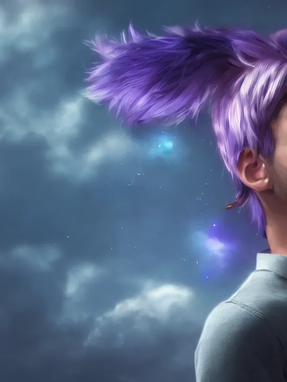 Image similar to Portrait art of a young man with purple hair and cat ears floating on a cloud, 8k, ultra realistic , lens flare, atmosphere, glow, detailed, intricate, full of colour, cinematic lighting, trending on artstation, 4k, hyperrealistic, focused, extreme details, unreal engine 5, cinematic, masterpiece