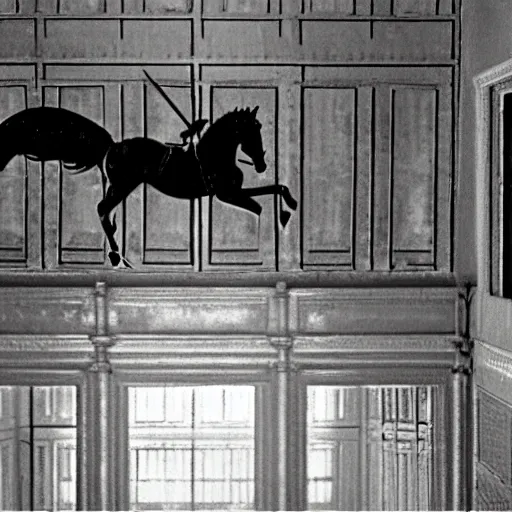 Image similar to a black unicorn in a Soviet building, film still by David Lynch