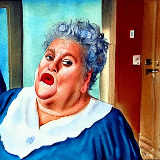 Image similar to a very funny fellini cinematic style. of a sweet fat old woman kissing her reflection. symmetrical face, red mouth, blue eyes. a flowered dress. a hyper - realistic scene. 3 d, octane processing, deep focus, white scene. a very funny and sweet picture. unreal engine. watercolor. freud painting style