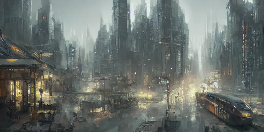 Image similar to 2 0 4 5 train station city landscale, concept art, illustration, highly detailed, artwork, hyper realistic, in style of james paick