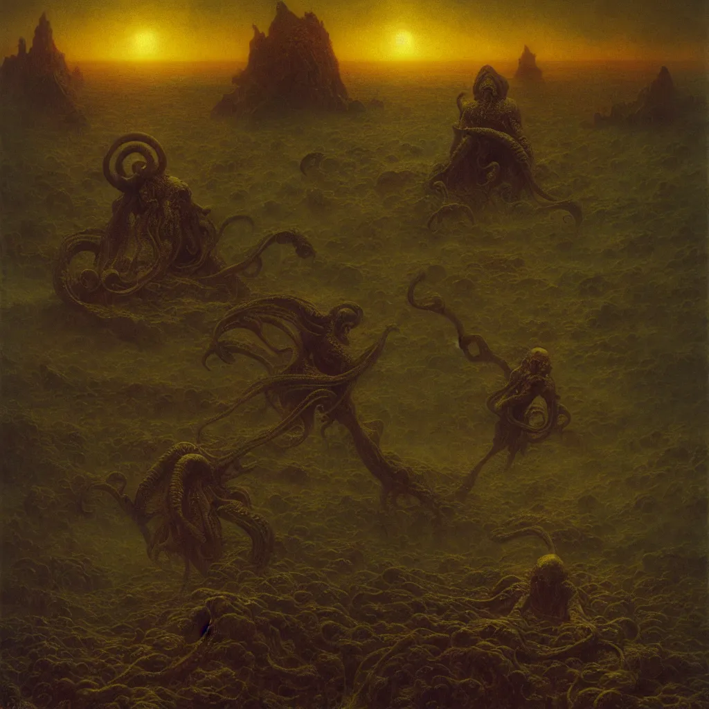 Prompt: a cinematic scene from the cthulhu on horizon, osman hamdi bey, solidity and eternity, concept art by beksinski and jean delville, sharp focus, dramatic lighting, ultra hd, hdr, 8 k