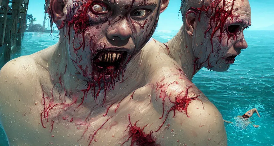 Prompt: highly detailed portrait of a swimmer zombie gta v in a swimming pool, horrible rotting flesh, stephen bliss, unreal engine, fantasy art by greg rutkowski, loish, rhads, ferdinand knab, makoto shinkai and lois van baarle, ilya kuvshinov, rossdraws, tom bagshaw, global illumination, detailed and intricate environment