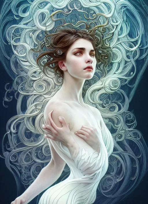 Prompt: a photographic portrait of a anthropomorphic bioluminescent water wave wearing white clothes, fantasy, intricate, elegant, highly detailed, digital painting, artstation, concept art, smooth, sharp focus, illustration, art by artgerm and h r giger and alphonse mucha