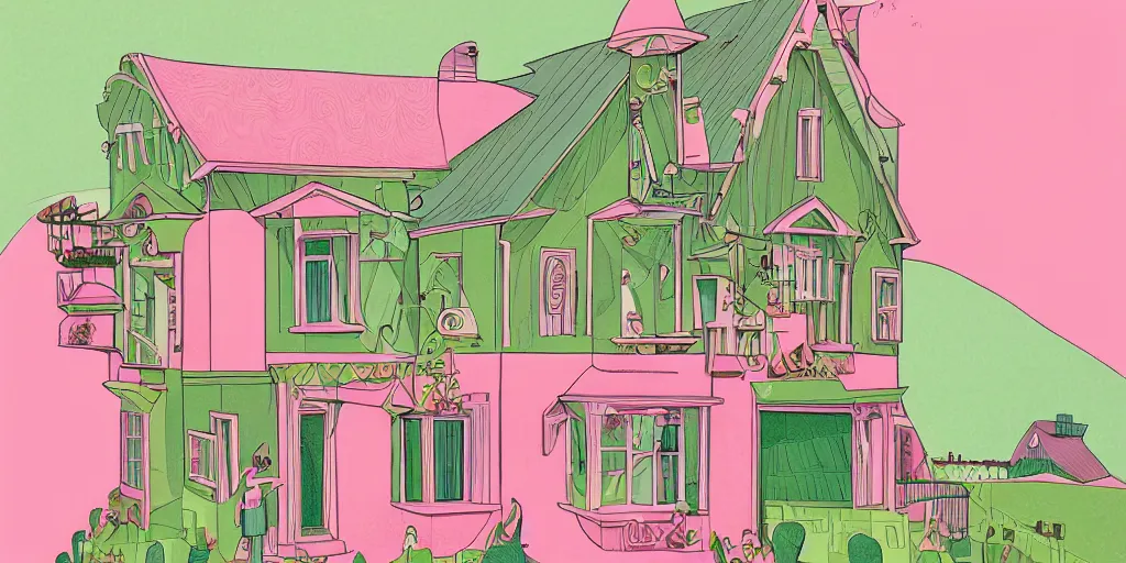 Image similar to a pink and green illustration of a house, a storybook illustration by muti and tim biskup, featured on dribble, arts and crafts movement, behance hd, storybook illustration, dynamic composition