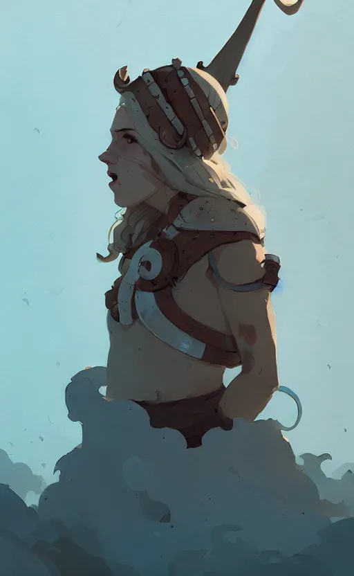 Image similar to female viking by atey ghailan, by greg rutkowski, by simon stalenhag, by greg tocchini, by james gilleard, by joe fenton, by kaethe butcher dynamic lighting, gradient light blue, brown, blonde cream and white color scheme, grunge aesthetic