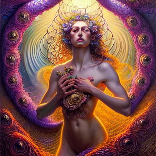 Prompt: A beautiful detailed orixa, tarot card, by tomasz alen kopera and Justin Gerard and a bouquet of ethereal big colorful transparent entangled flowers on the background, direct sunlight, glowing, vivid, detailed painting, Houdini algorhitmic pattern, by Ross Tran, WLOP, artgerm and James Jean, masterpiece, award winning painting