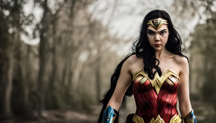 Prompt: high quality photo of a cosplaying Anya taylor as wonder woman , photography 4k, f1.8 anamorphic, bokeh, 4k,