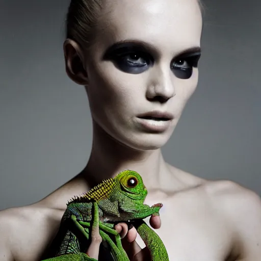 Image similar to fashion photography of an extraterrestrial model, holding a chameleon, wearing demobaza fashion, inside berghain, berlin fashion, harness, futuristic fashion, dark minimal outfit, photo 3 5 mm leica, hyperdetail, berghain, 8 k, very detailed, photo by nick knight