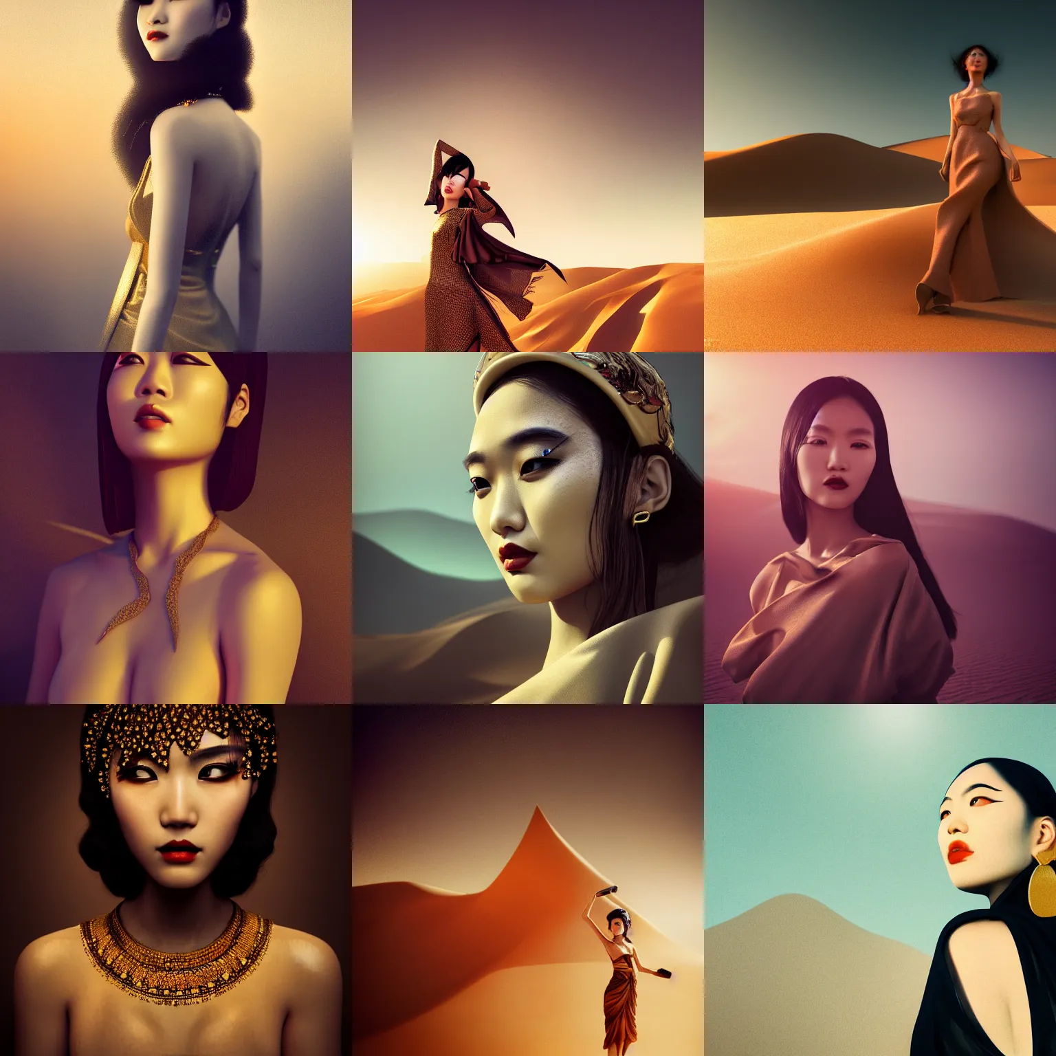 Prompt: innovative avant - garde art, deco fashion, asian women, highly detailed, photorealistic portrait, serene desert setting, golden hour, crisp quality and light reflections, rule of thirds, volumetric lighting, confident, moody, octane render