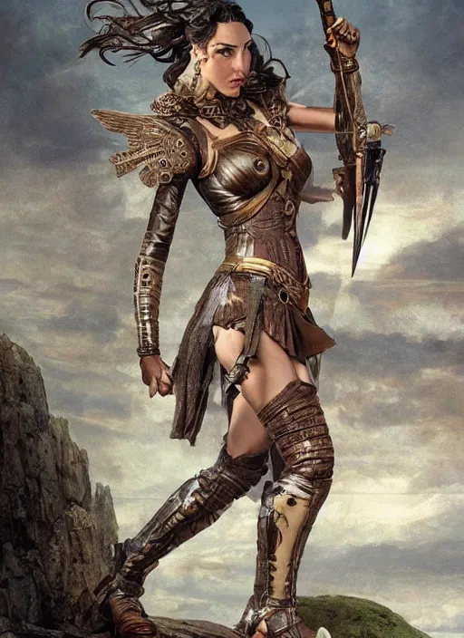 Image similar to highly detailed steampunk gal gadot posing while standing on a rock : leonardo da vinci, greg rutkowski, magali villeneuve