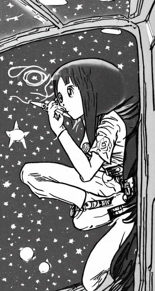 Image similar to a young cowgirl in space smoking a cigarette while looking out the window of her spaceship, sad and introspective, 9 0 s anime style