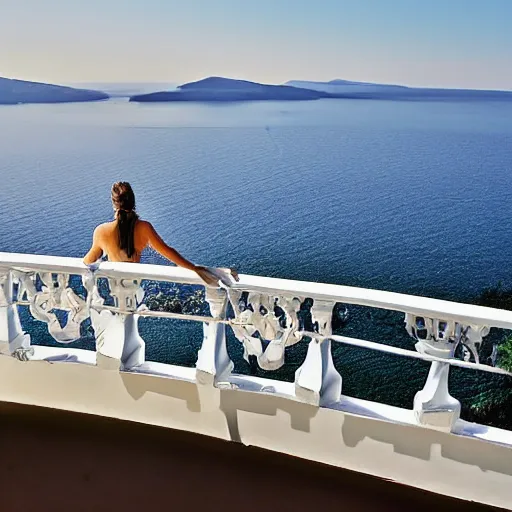 Prompt: the maiden standing on the balcony overlooking the aegean sea by andrew