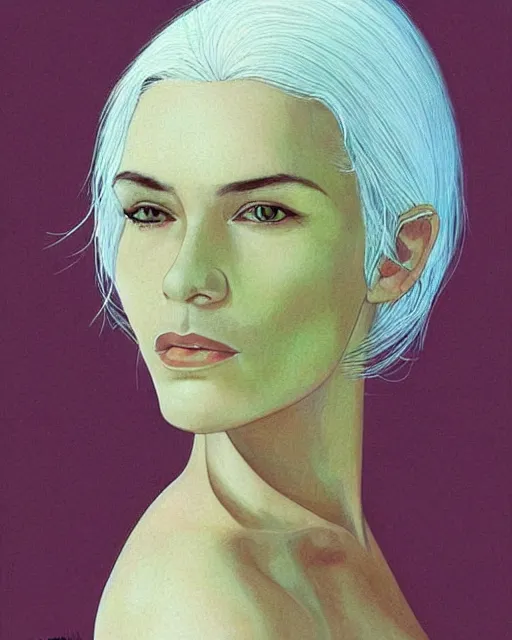 Image similar to beautiful woman with white hair and green eyes, portrait, elegant, dusk, illustration, art by moebius Jean Giraud