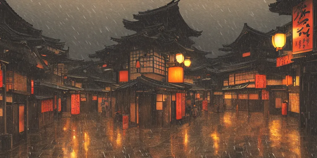 Image similar to feudal japan tokyo street at dusk, raining, detailed reflections, on a postcard, cinematic lighting!!, 4k, trending on artstation, intricate ink illustration, rule of thirds, center focus, art by albert bierstadt