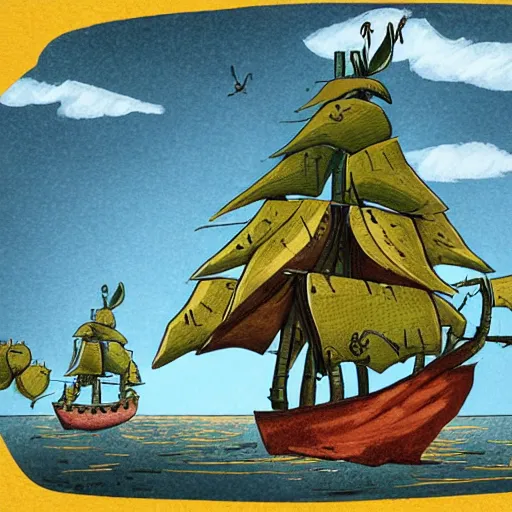 Image similar to single pirate ship that has a small green fruit tree in the middle of it, surrounded by water on all sides, bold complementary colours, 2D matte, graphic novel,