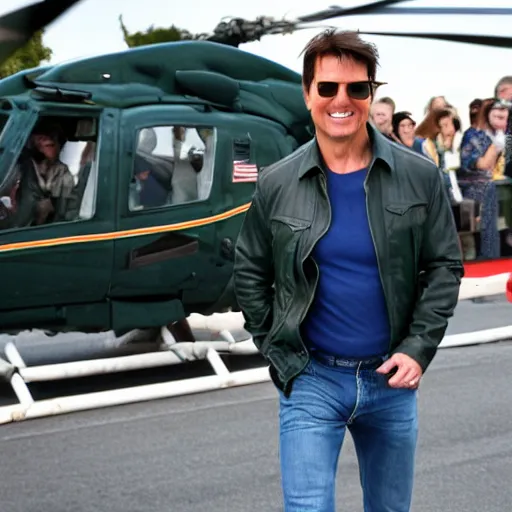 Image similar to Tom Cruise waving to fans. He's wearing blue jeans and a green jacket, Ralph Lauren. A helicopter is in the background. Shallow depth of field