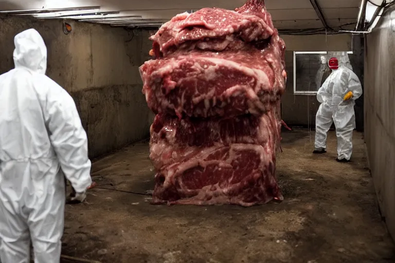 Prompt: drippy meat monster grows out of control in a creepy underground lab, man in a hazmat suit looks on helplessly