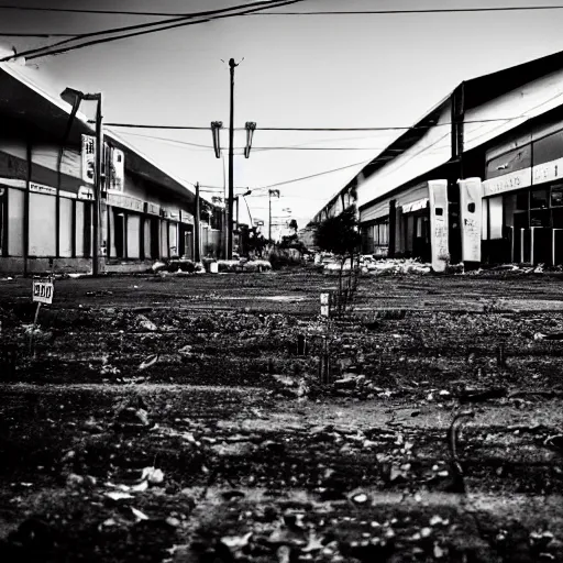 Image similar to a ransacked grocery store, broken signs, filthy flooring. Vines growing. Dystopian. Grainy. Award-winning photo. Sigma 40mm f/1.4 DG HSM