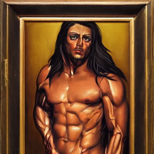 Prompt: a hot muscular cambian demon man in a great hall, portrait, realistic painting